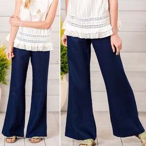Matilda Jane Navy Linen Wide Leg Flare Knit Waist Pants Women's Size X-Small NWT